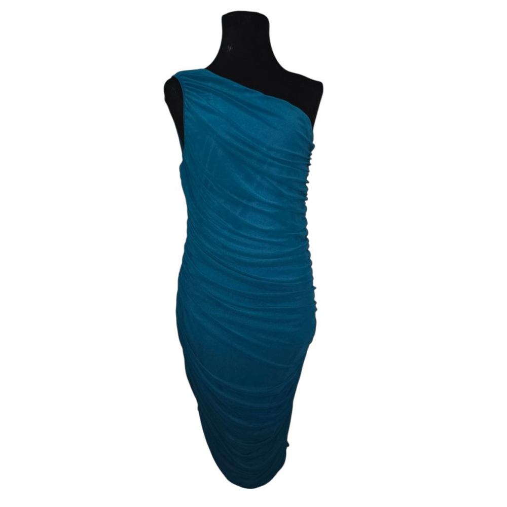 Women's L Pretty Garden Teal Ruched One Shoulder Bodycon Dress - Picture 4 of 5
